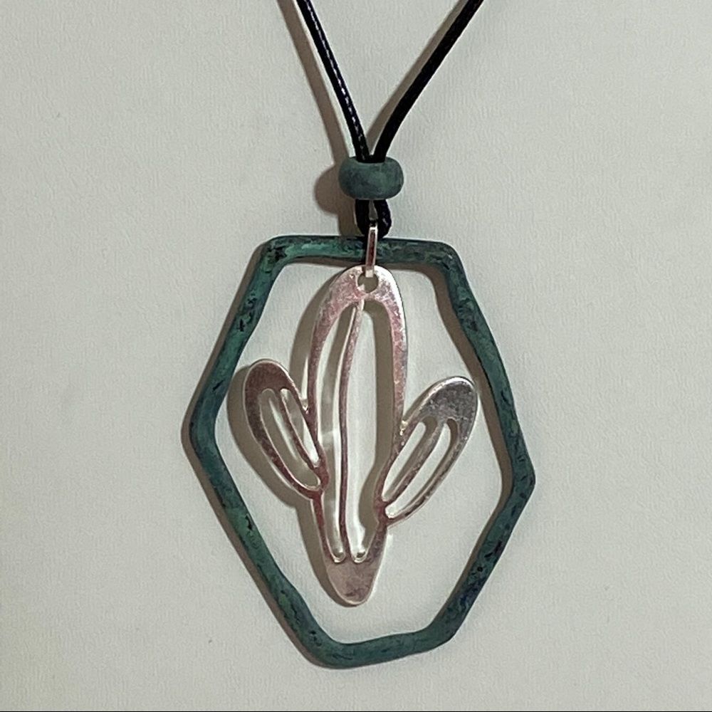 Cactus Silver Patina Necklace Earrings Set - Picture 2 of 7